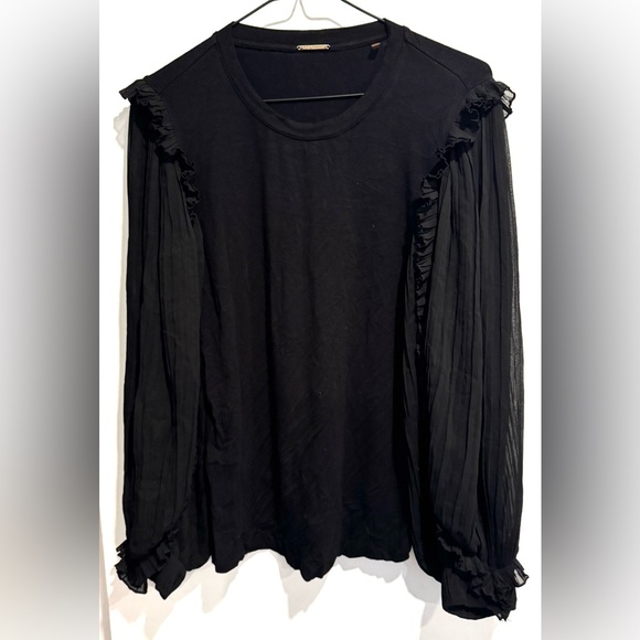 ELIE TAHARI ruffled balloon sleeve sheer black stretch blouse top office party M - Picture 2 of 9